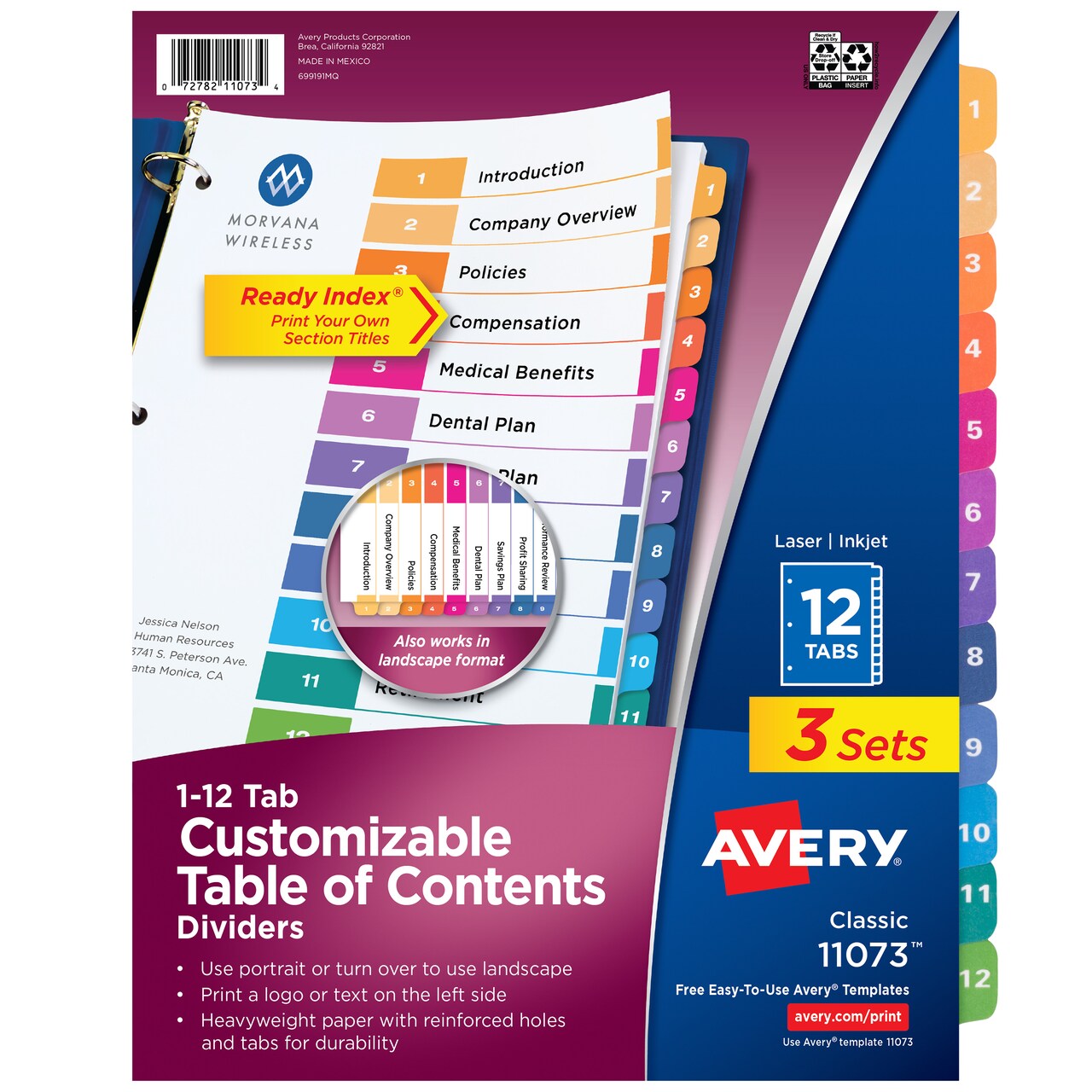 Avery Dividers for 3 Ring Binders, 12 Tabs per Set, Customizable Table of Contents, Multicolor Tabs (3 Sets of 11073)